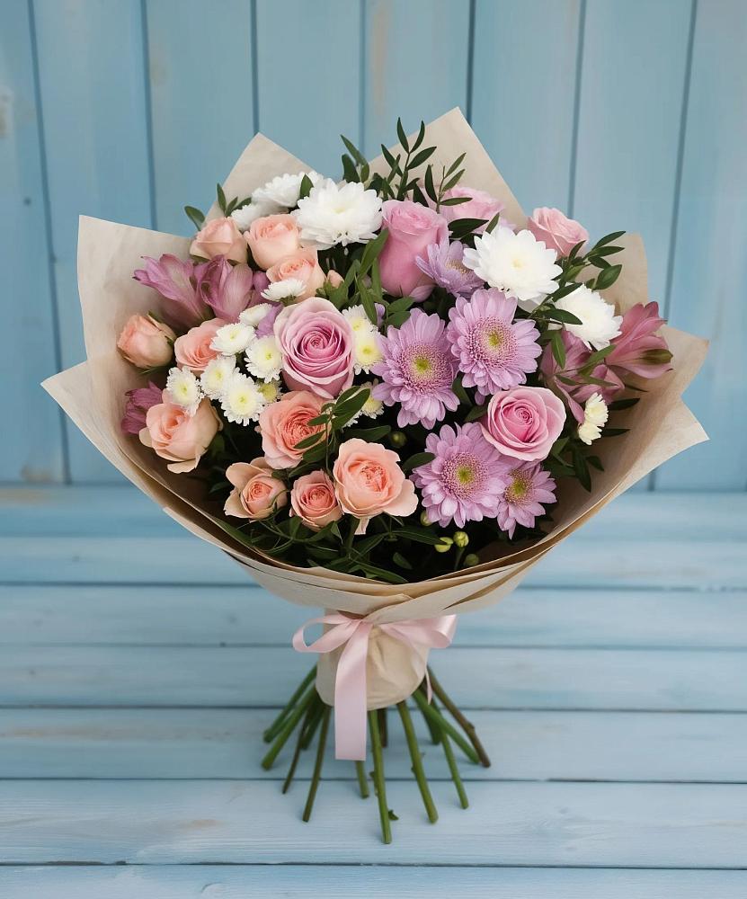 Букет цветов из: Хризантемы, Розы и Альстромерии в Горки-8
