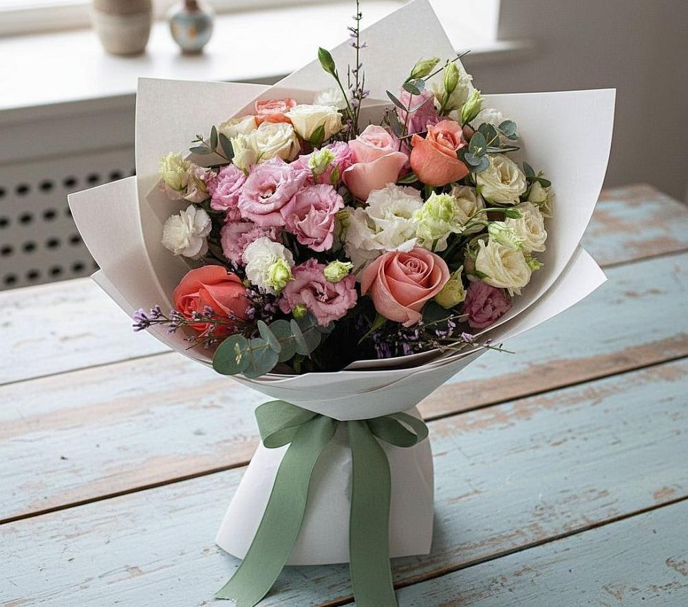 Букет цветов из: Розы, Лизиантусы и Гвоздики в Горки-8