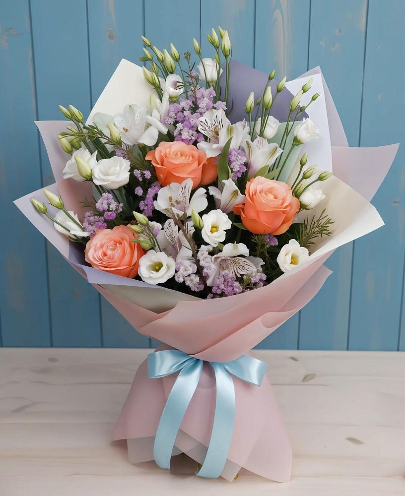 Букет цветов из: Лизиантусы, Розы, Альстромерии и Гипсофила в Горки-8