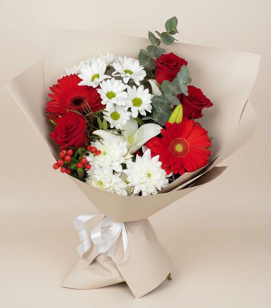 Букет цветов из: Розы, Хризантемы, Герберы и Лилии в Горки-8