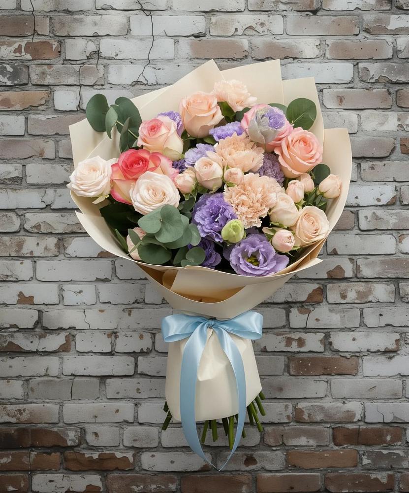 Букет цветов из: Розы, Лизиантусы и Гвоздики в Горки-8