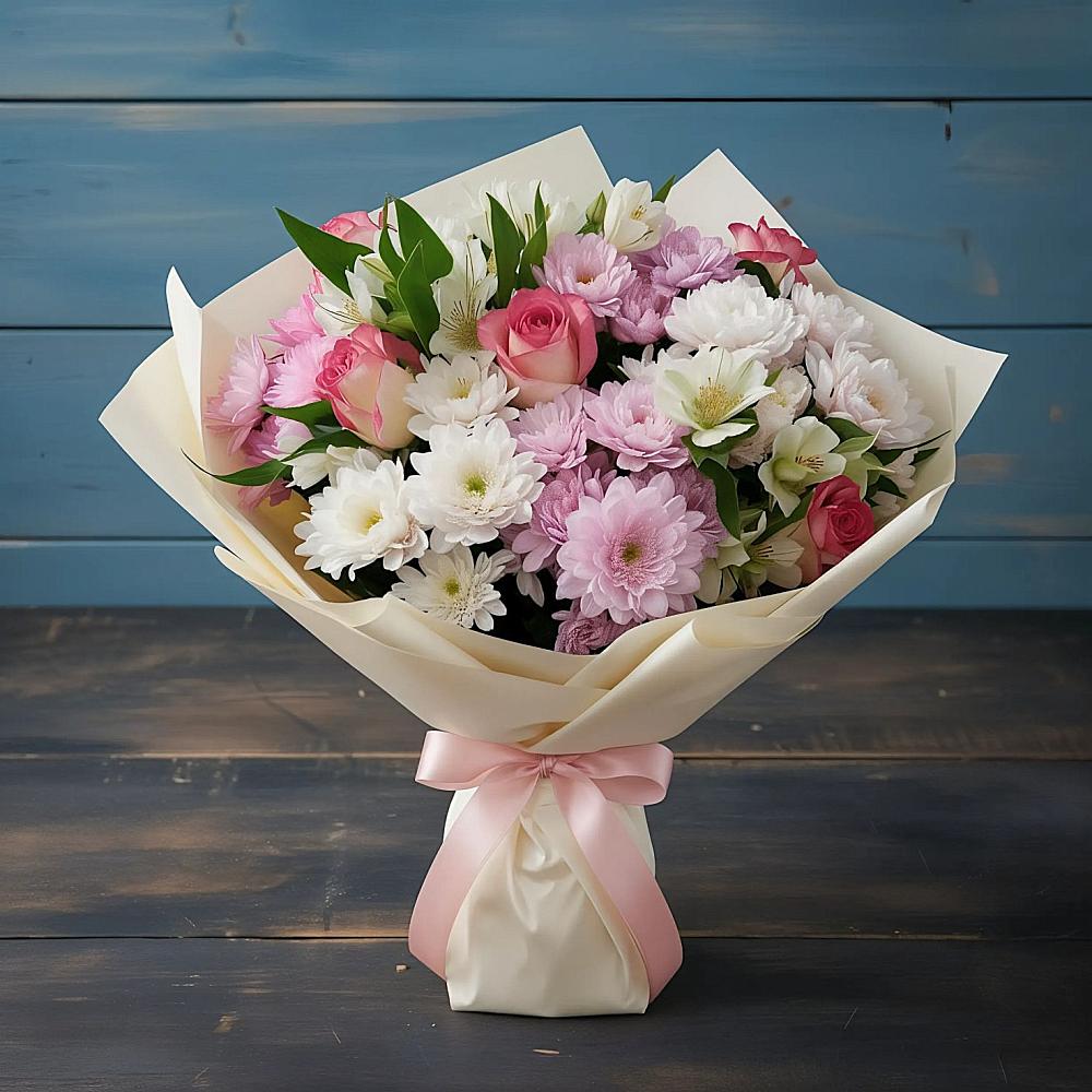 Букет цветов из: Хризантемы, Альстромерии и Розы в Горки-8